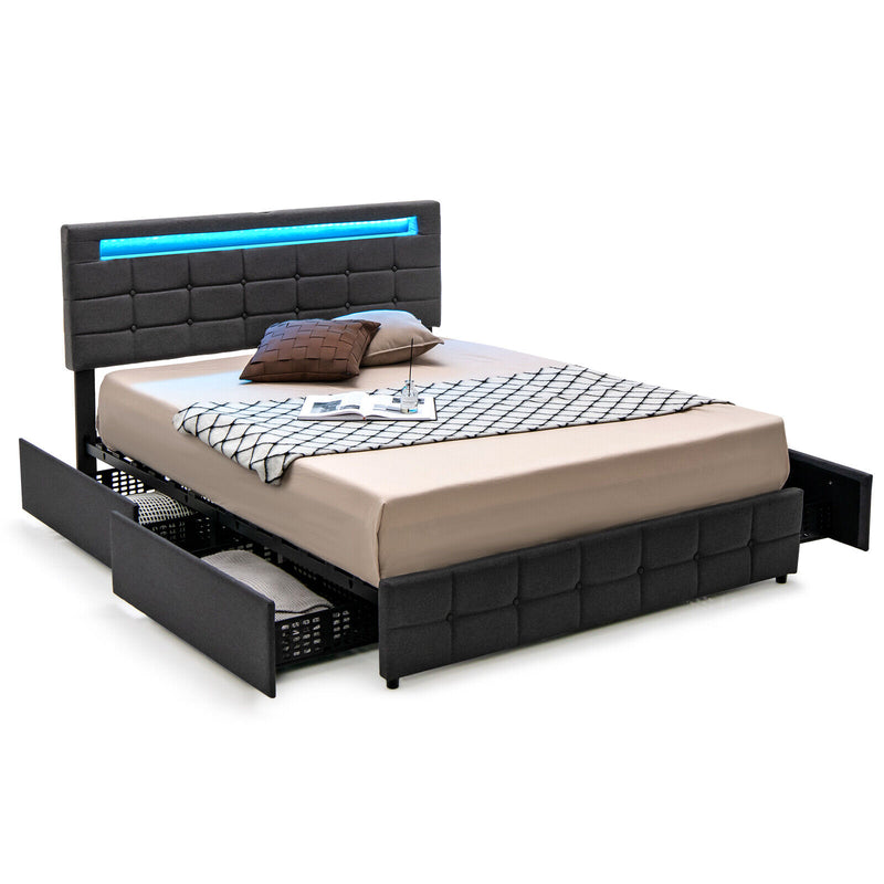 LED Upholstered Bed Frame with Storage Drawers — Gray Queen