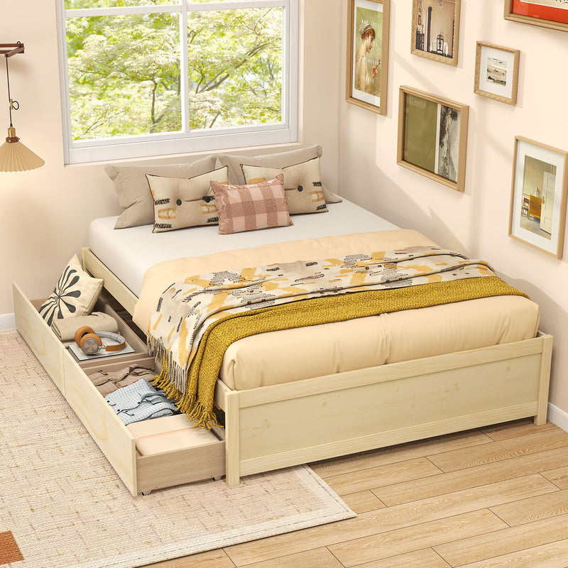 Solid Wood Platform Bed Frame with 2 Rolling Storage Drawers — Full