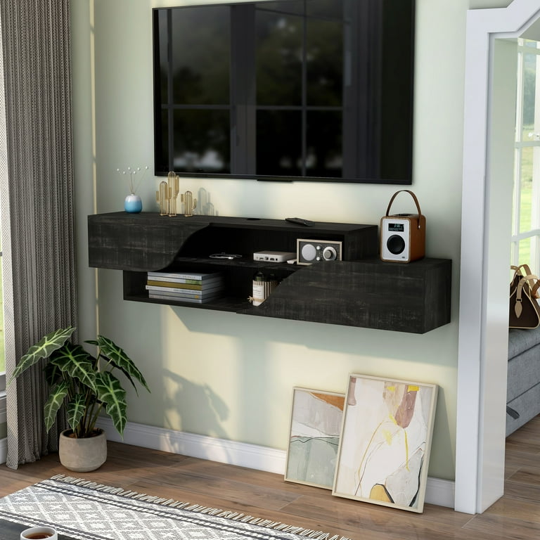 Floating Wall-Mount Media Shelf — Black Oak