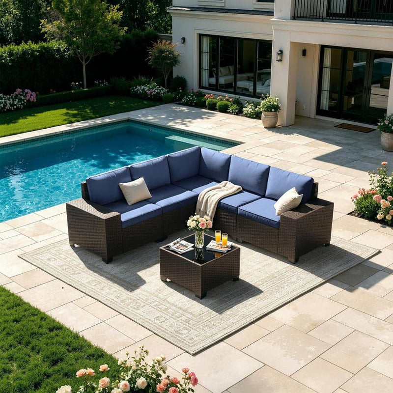 Outdoor L-Shape Sectional — 6 Piece Navy Blue