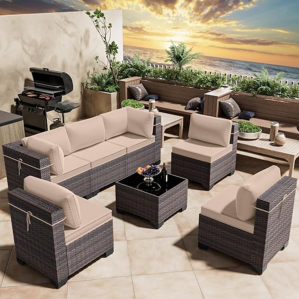 Outdoor Sectional Sofa Set — 7 Piece Tan Wicker