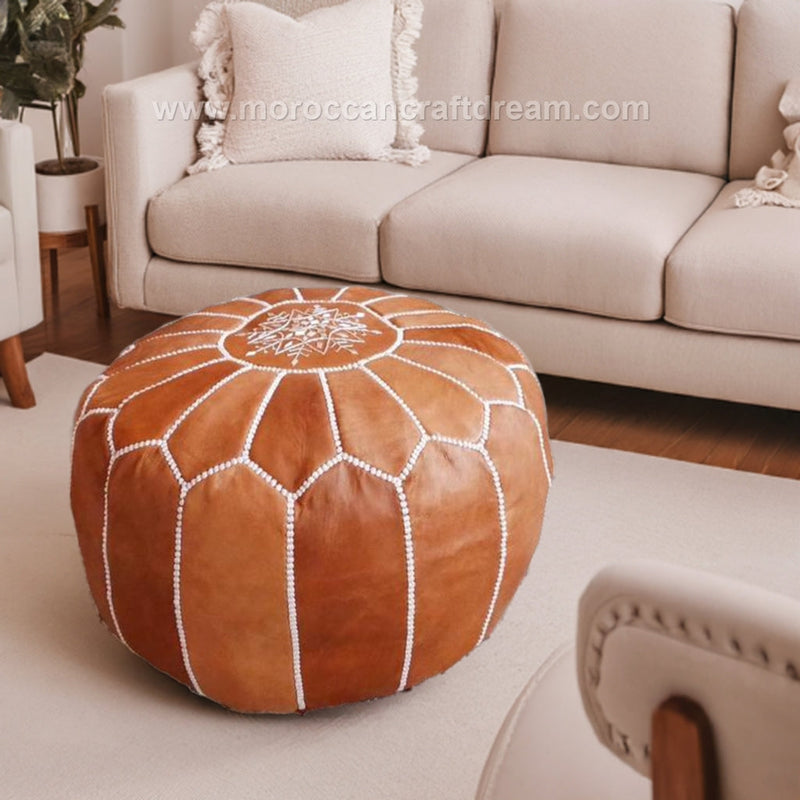 Distressed Leather Pouf — Caramel