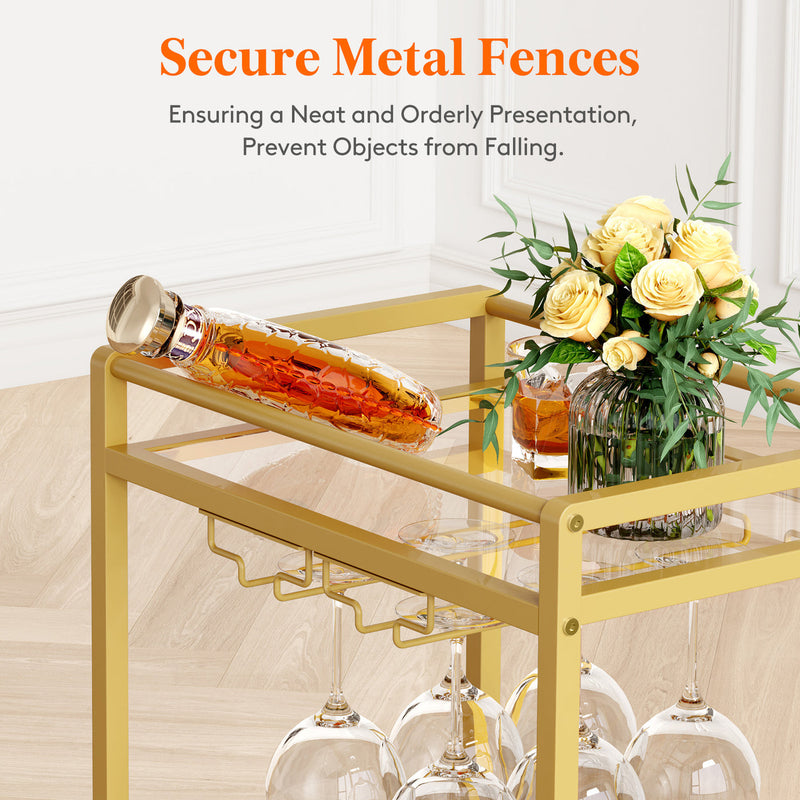 Gold Metal Bar Cart — 2 Tier Glass Shelves