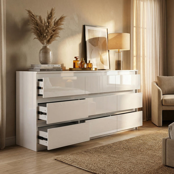9-Drawer Double Dresser — White Gloss