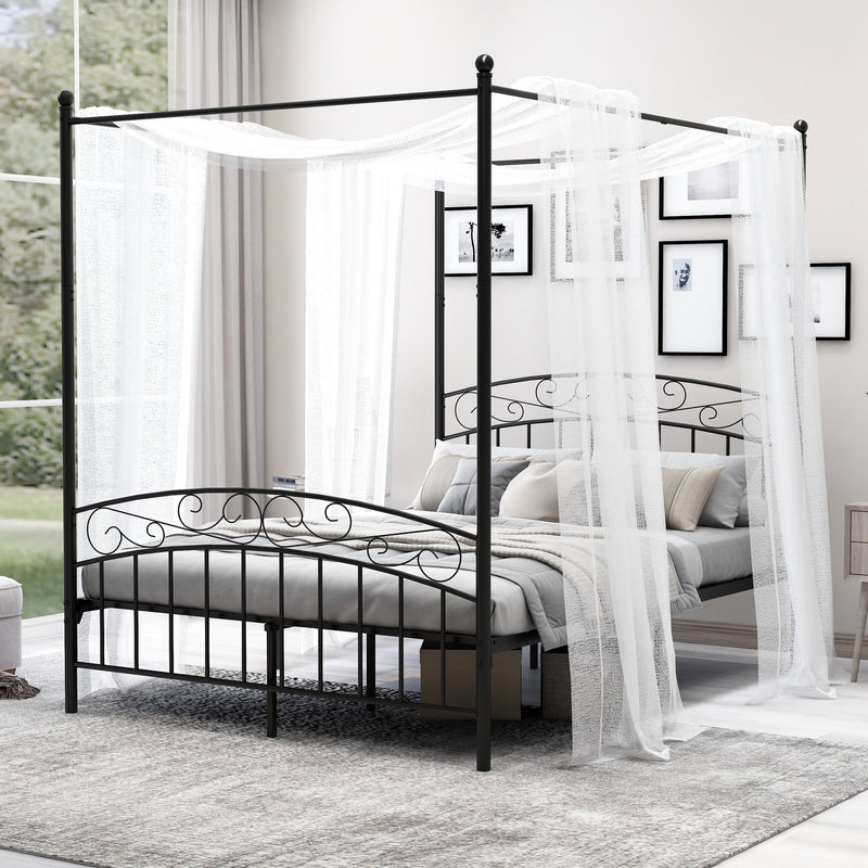 Queen Canopy Bed — Black Steel