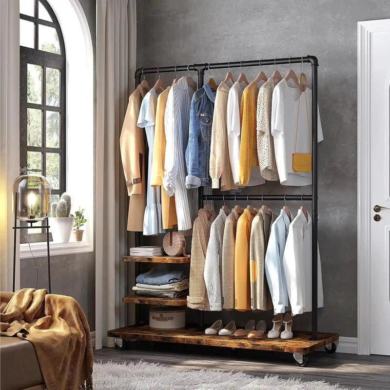 Industrial Pipe & Wood Wardrobe Rack