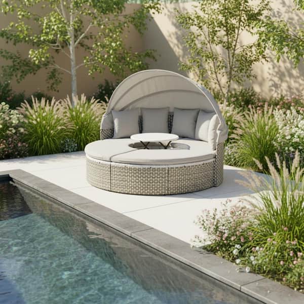 Outdoor Daybed with Canopy — Grey Wicker