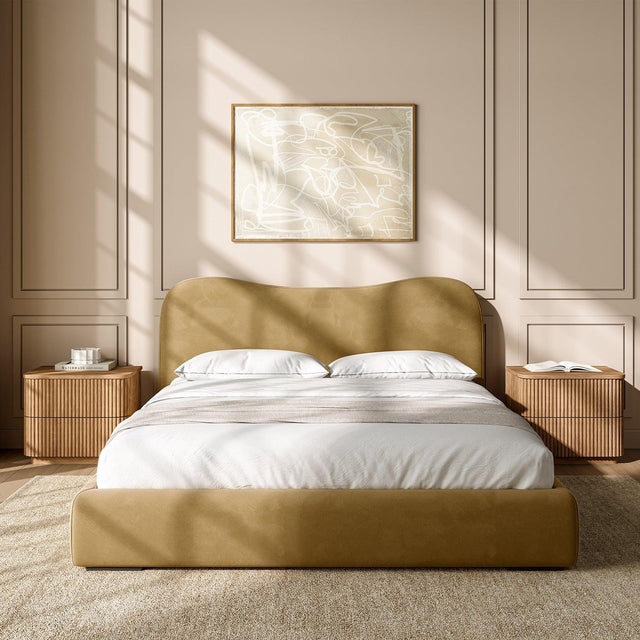 Queen Upholstered Storage Bed — Camel Velvet