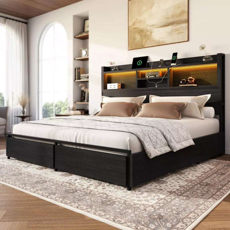 Queen Platform Bed with Bookcase Headboard