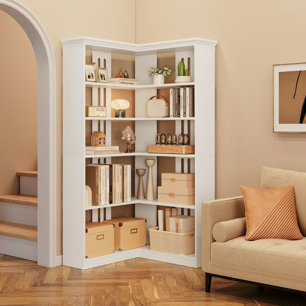 White Corner Bookcase — L-Shape 5 Shelf